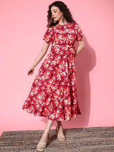 KALINI Floral Print Mandarin Collar Short Sleeves  Crepe A-Line Midi Dress