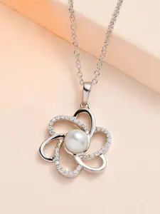 Ornate Jewels Sterling Silver Rhodium-Plated Floral-Shaped Pendant With Chain