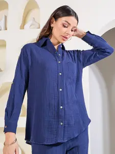 Styli Oversized Crinkle Textured Opaque Striped Casual Shirt