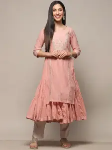 Biba Floral embroidered Beaded Pure Cotton Straight Kurta With Slip