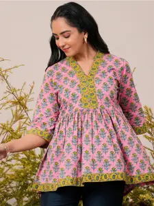 Libas Floral Printed V-Neck Flared Sleeves Pure Cotton Pleated Kurti