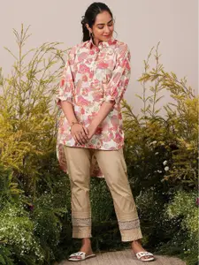 Libas Floral Printed Shirt Collar Three-Quarter Sleeves Pathani Kurti