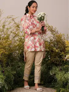 Libas Floral Printed Shirt Collar Three-Quarter Sleeves Pathani Kurti
