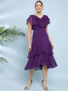 Antheaa V-Neck Flutter Sleeve Fit & Flare Midi Dress