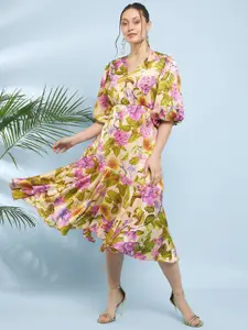 Antheaa Floral Printed Flared Sleeve Satin Fit & Flare Midi Dress