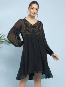 Antheaa Black Embroidered Flared Bell Sleeve A-Line Dress