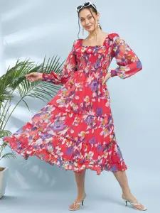 Antheaa Floral Printed Puff Sleeve Chiffon A-Line Midi Dress