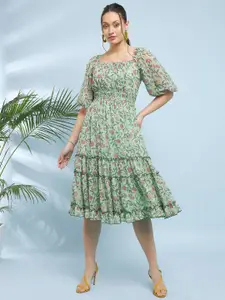Antheaa Floral Printed Flared Sleeve Fit & Flare Dress