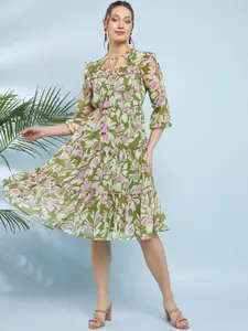 Antheaa Green Tie-Up Neck Floral Printed Chiffon A-Line Dress