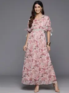 Ahalyaa Floral Print Embellished Batwing Sleeves Maxi Dress