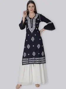 Seva Chikan Ethnic Motifs Embroidered Puff Sleeves Cotton Kurta
