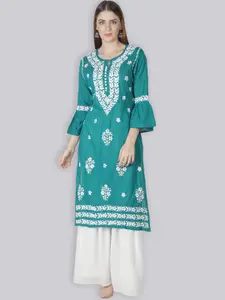 Seva Chikan Ethnic Motifs Embroidered Bell Sleeves Lucknowi Chikankari Straight Kurta