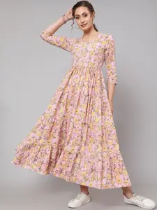 GLAM ROOTS Floral Printed Pure Cotton Fit & Flare Maxi Dress
