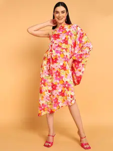 Fashfun Floral Print Kimono Sleeve Crepe Kaftan Midi Dress