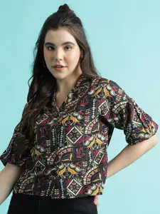 FashionsEye Print Puff Sleeve Ethnic Shirt Style Top