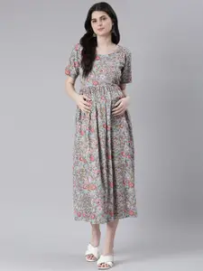 Swishchick Floral Printed Cotton A-Line Flared Midi Maternity Dress