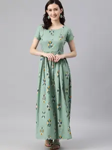 Swishchick Floral Printed Cotton Flared Round Neck Maxi Dress