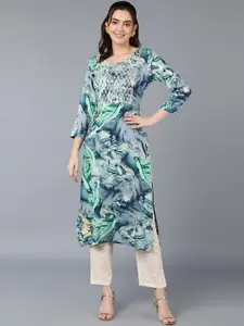 KALINI Abstract Printed Thread Work Sequined Straight Kurta