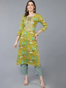 KALINI Floral Printed Thread Work Straight Kurta