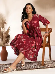 Janasya Women's Wine Cotton Floral A-Line Dress