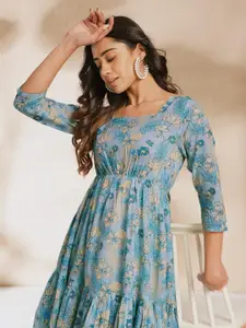 Janasya Floral Print Square Neck Cotton A-Line Dress