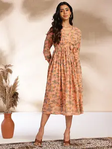 Janasya Floral Print Georgette Fit & Flare Midi Dress