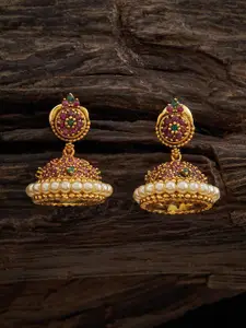 Kushal's Fashion Jewellery Gold-Plated Stone Studded & Beaded Dome Shaped Jhumkas