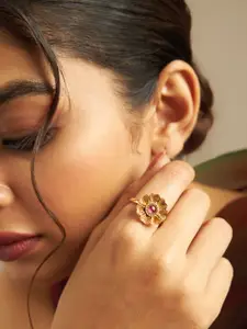 Kushal's Fashion Jewellery Gold Plated Stone Studded Adjustable Finger Ring