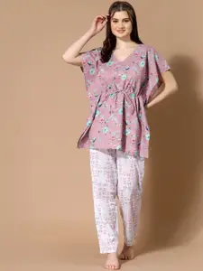 MBeautiful Floral Printed V-Neck Organic Cotton Night suit