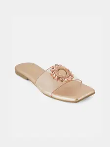 DressBerry Rose Gold Toned Embellished Open Toe Flats