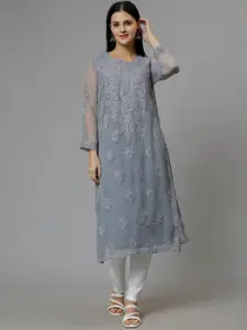 Seva Chikan Floral Embroidered Round Neck Lucknowi Chikankari Georgette Straight Kurta
