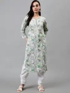 Seva Chikan Floral Printed Lucknowi Chikankari Straight Kurta
