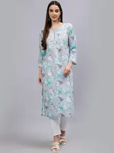 Seva Chikan Floral Printed Lucknowi Chikankari Straight Kurta