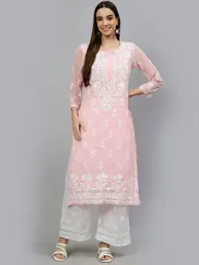 Seva Chikan Floral Embroidered Lucknowi Chikankari Georgette Kurta With Inner Slip