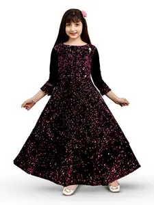 BAESD Girls Round Neck Sequined Velvet Fit & Flare Maxi Dress