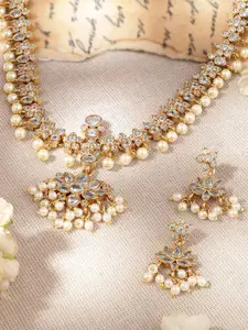Rubans Gold Plated Kundan Studded & Beaded Necklace & Earrings