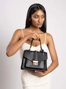 eske Women Black Solid Flap Closure Detachable Sling Strap Leather Satchel Handbag