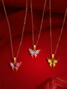 Brado Jewellery Set Of 3 Gold-Plated Butterfly Charm Pendant With Chain