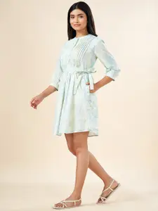 AKKRITI BY PANTALOONS Floral Printed Pleated Detailed Pure Cotton A-Line Dress With Belt