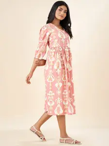 AKKRITI BY PANTALOONS Ethnic Motifs Printed Gathered Detail Cotton Fit & Flare Midi Dress