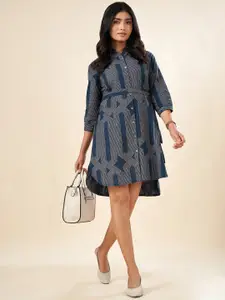 AKKRITI BY PANTALOONS Striped Printed Shirt Collar High-Low Cotton Shirt Dress