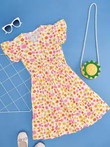 Pantaloons Junior Girls Floral Print Flutter Sleeve Fit & Flare Dress