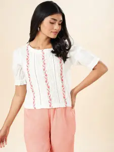 AKKRITI BY PANTALOONS Floral Embroidered Puff Sleeve Cotton Top