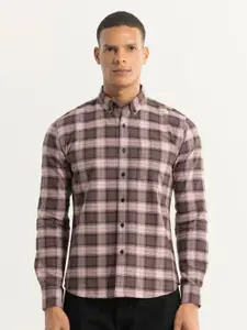 Snitch Brown & Classic Slim Fit Tartan Checked Cotton Casual Shirt