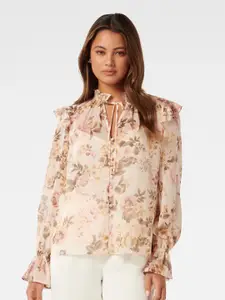 Forever New Floral Printed Tie-Up Neck Bell Sleeves Ruffles Detail Top