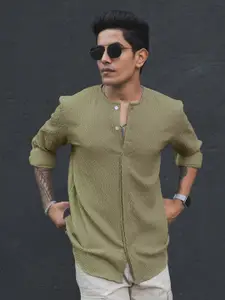 Powerlook Olive Green India Slim Self Design Henly Neck Full Sleeves Casual Shirt