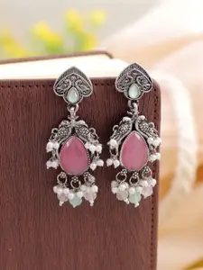 Crunchy Fashion Girls Silver-Plated Stone-Studded & Beaded Oxidised Drop Earrings