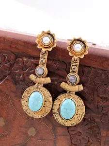 Crunchy Fashion Brass-Plated Stone-Studded Oxidised Circular Drop Earrings