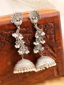 Crunchy Fashion Silver-Plated Peacock Shaped Oxidised Jhumkas