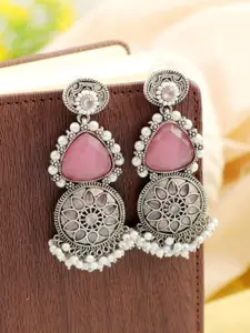 Crunchy Fashion Silver-Plated Stone-Studded & Beaded Teardrop Shaped Drop Earrings